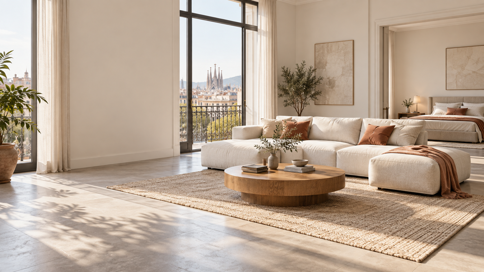Salón luminoso con sofá modular color crema